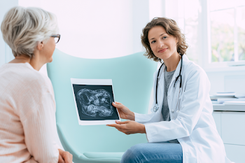 Reassuring Healthcare Consultation: Female Doctor Discusses Abdominal Scan Results