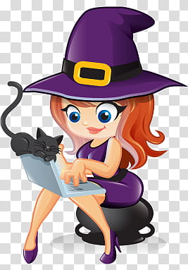 Recursos Edicion Halloween, witch sitting while using laptop cartoon transparent background PNG clipart