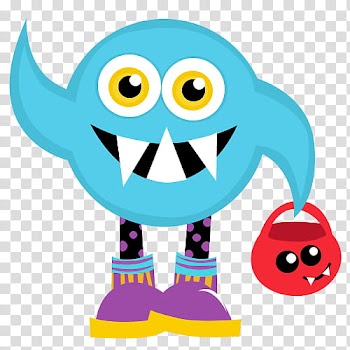 Recursos Halloween, round blue and multicolored monster holding red basket transparent background PNG clipart