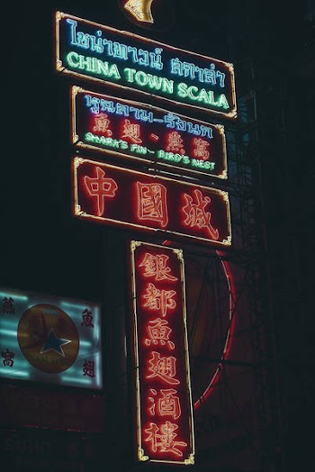 Red and Blue Kanji Text Signages