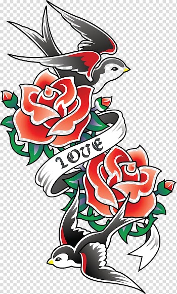 Red and blue roses and black birds love illustration, Old school (tattoo) Rose Swallow tattoo Sleeve tattoo, arm tattoo transparent background PNG clipart