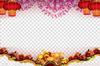 Red and brown floral digital frame, Chinese New Year Fireworks Ornament, Chinese New Year Ornament transparent background PNG clipart