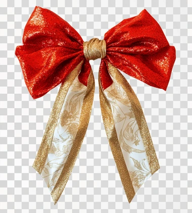 Red and gold bow with shiny fluffy white Christmas colors on