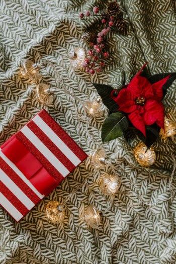 Red and Green Flower and Red and White Striped Gift Box