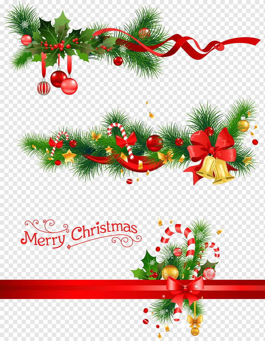 red and green ribbons illustration, Christmas decoration Candy cane Christmas tree, Christmas bells and pine branches, flower Arranging, leaf, decor png