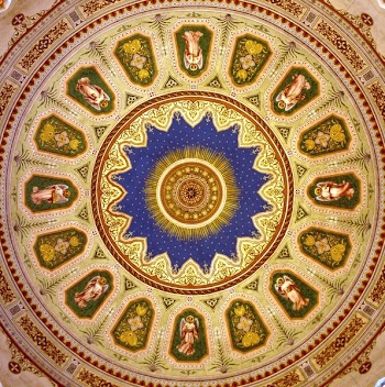 Red and White Angels Printed on Green Red and Purple Round Rug