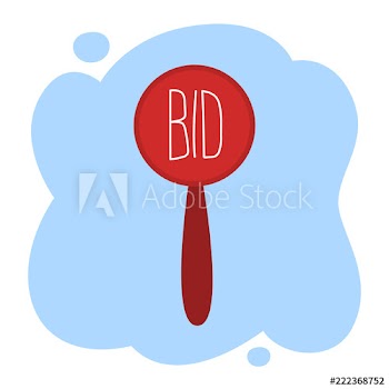 Red auction paddle with word bid on it