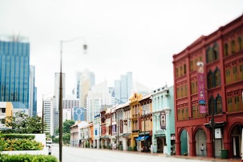 red, blue, and yellow buildings