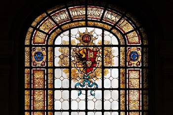 red, brown, and blue stained glass decor