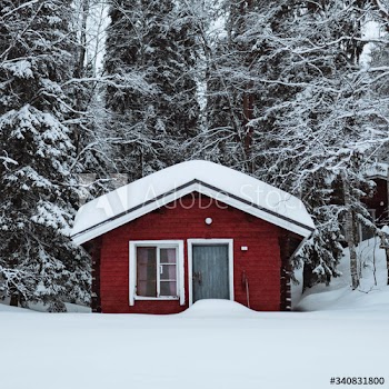 Red cabin in a snowy forest