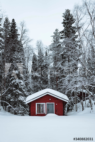 Red cabin in a snowy forest
