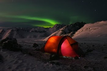 red cabin tent under aurora lights