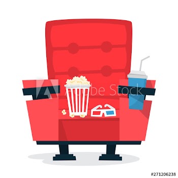 Red cinema theater chair with pop corn and soda drink