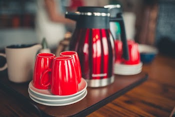 Red Coffee Kettle and Red Ceramic Cups