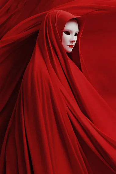 Red-Dressed Woman in White Mask: Digital Art for Home Decor