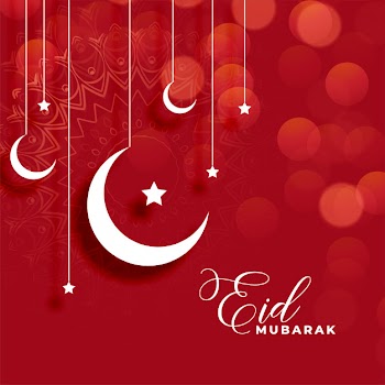 Red eid mubarak background with moon and star decoration Free Vector