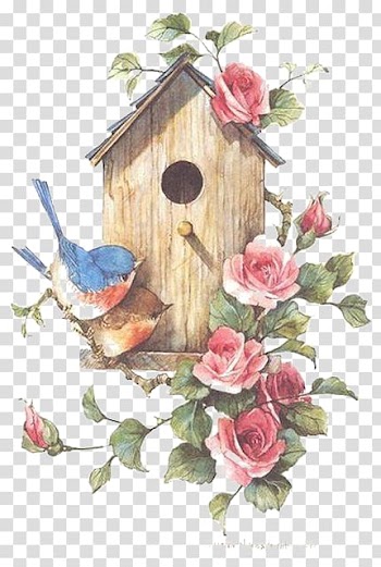 Red flowers illustration, Bird Watercolor painting , Nest transparent background PNG clipart