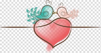 Red heart and two green and pink birds illustration, Bird Penguin Heart , Love birds on transparent background PNG clipart