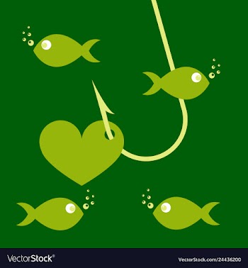 Red heart symbol on fishing hook idea - love and vector image