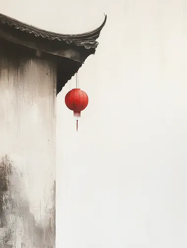 Red Lantern Hanging from Eaves of Building in Minimalist Painting Red Lantern Hanging from Eaves of Building in Minimalist Painting