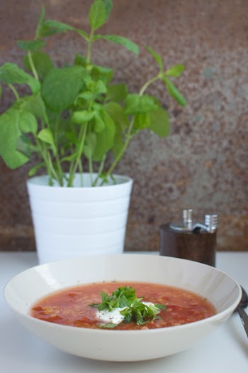 Red lentils soup with tomatoes, sour cream and mint 
