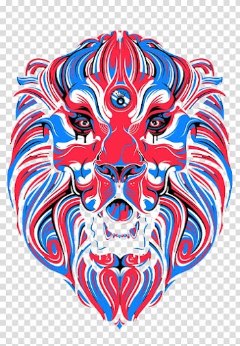Red Lion Illustration, Blue and red lines Lionhead transparent background PNG clipart