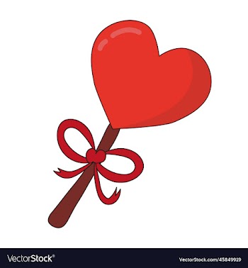 red lollipop in the shape of a heart with a ribbon