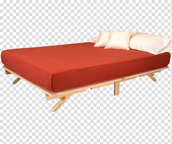 Red mattress on brown bed with pillows art, Bed frame Platform bed Futon Murphy bed, bed transparent background PNG clipart