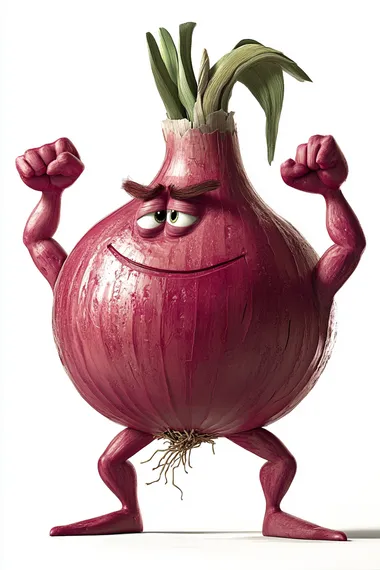 Red Onion Character with Bodybuilder Arms and Legs in Kitchen Setting Red Onion Character with Bodybuilder Arms and Legs in Kitchen Setting