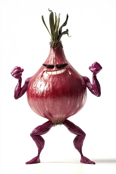 Red onion character with muscular arms and legs in Pixar style, white bg Red onion character with muscular arms and legs in Pixar style, white bg