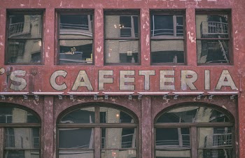 Red Painted Cafeteria With Glass Windows