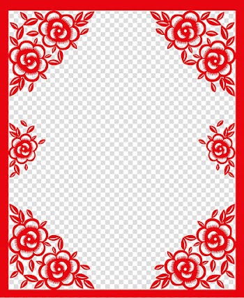 Red petaled floral frame illustration, Red Chinese paper-cut style elements transparent background PNG clipart