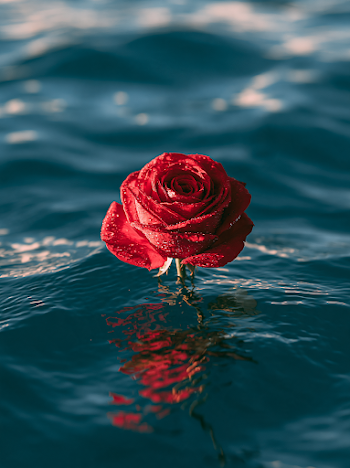 Red Rose Floating on Blue Ocean Water