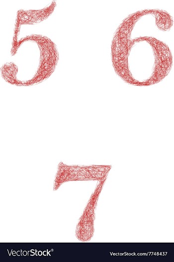 Red sketch font set - numbers 5 6 7 vector image