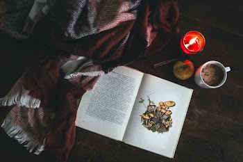 red textile near book on table