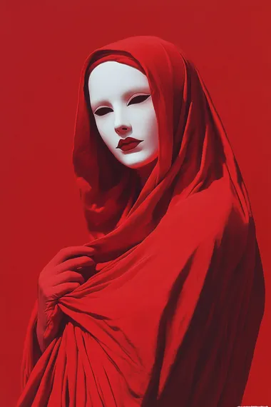 Red Veiled Woman in White Mask: Conceptual Digital Art Wallpaper