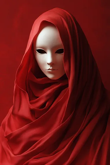 Red Veiled Woman in White Mask, Conceptual Sculpture Digital Art