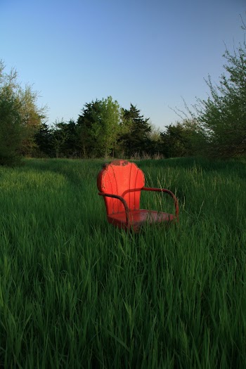 Red Wooden Armchair on Green Field