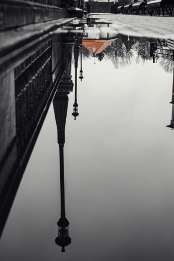Reflection of a Lamp Post on Water on Road