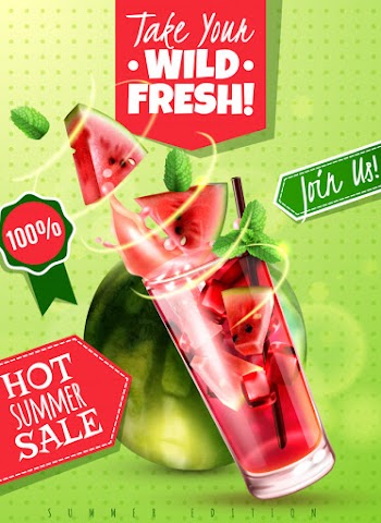 Refreshing detox water summer sale with fresh watermelon mint leaves drink glass realistic advertising poster vector illustration Free Vector
