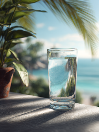 Refreshing Glass of Water in Tropical Paradise