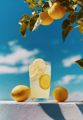 Refreshing Lemonade with Lemons Against a Blue Sky
