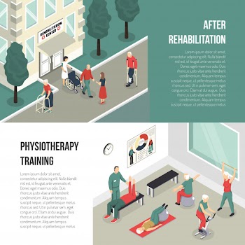 Rehabilitation and physiotherapy training banner set Free Vector