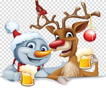 Reindeer and snowman drinking beer illustration, Santa Claus's reindeer Santa Claus's reindeer Christmas , Elk and snowman transparent background PNG clipart