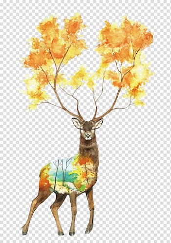 Reindeer with tree styled antlers art, Deer Autumn, hand painted deer transparent background PNG clipart