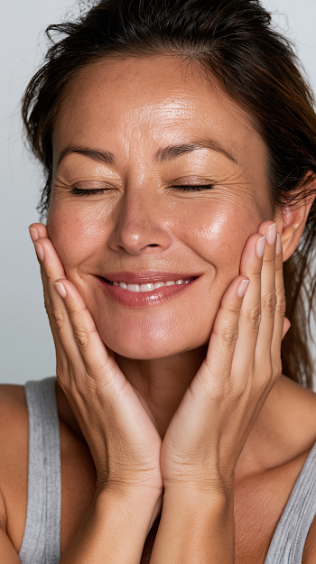 Relaxed Woman Performing Facial Massage in Minimalist Setting