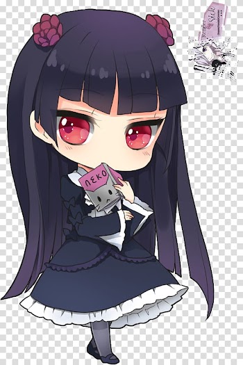 Renders Anime Chibi, black long-haired female animated character in black dress transparent background PNG clipart