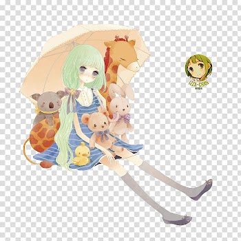 Renders Anime, teal-haired female anime character with umbrella and plush toys animation transparent background PNG clipart