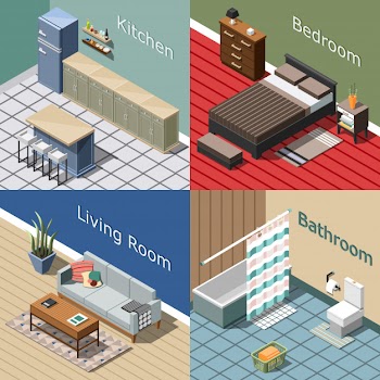 Residential interior isometric composition set Free Vector