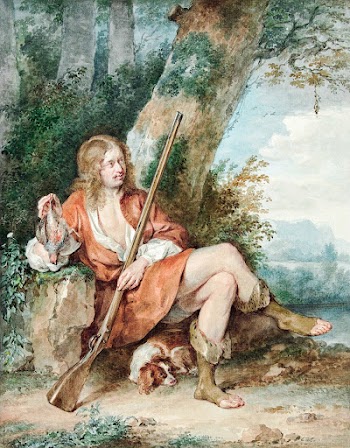 Resting hunter with musket and partridge by a… | Free public domain illustration
